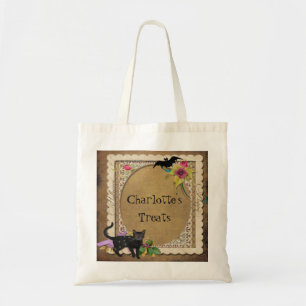 Cute Cat and Bat Vintage Halloween Tote Bag