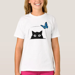 Cute Cat and Blue Butterfly T-Shirt