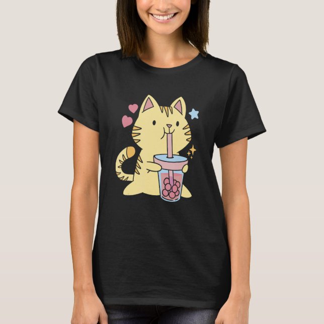 Cute Cat And Boba T-Shirt (Front)