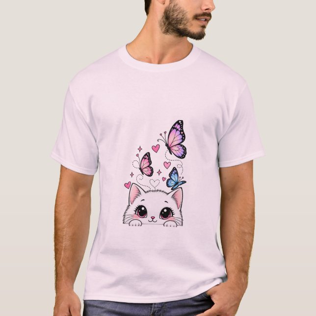 Cute Cat and Butterfly T-Shirt (Front)