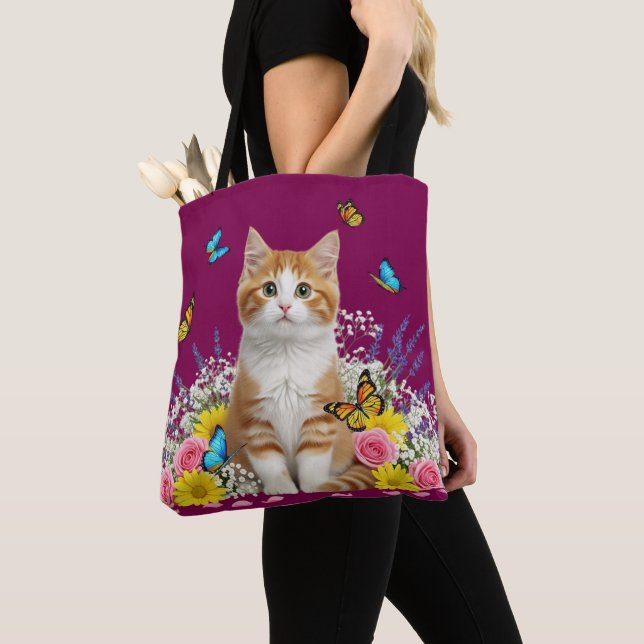 Cute Cat and Butterfly Tote Bag (Close Up)