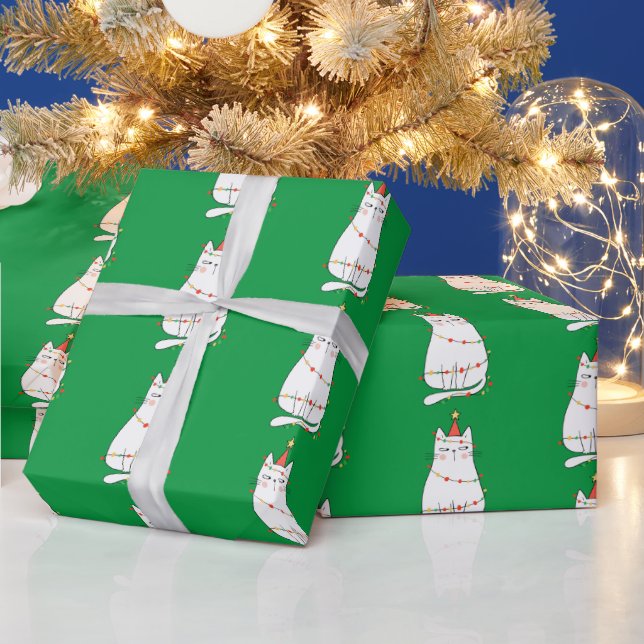 Cute Cat and Christmas Lights Wrapping Paper (Holidays)