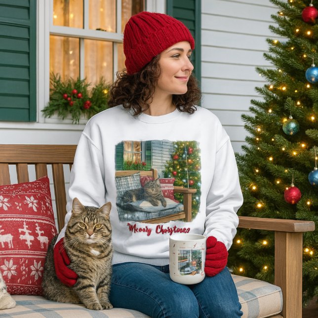 Cute Cat and Christmas Tree T-Shirt Sweatshirt (Cozy Christmas sweatshirt for cat lovers )