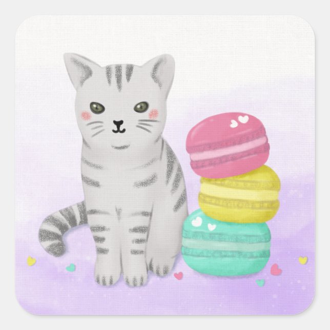 Cute Cat and Dessert Illustration Art Square Sticker (Front)