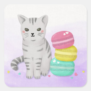 Cute Cat and Dessert Illustration Art Square Sticker