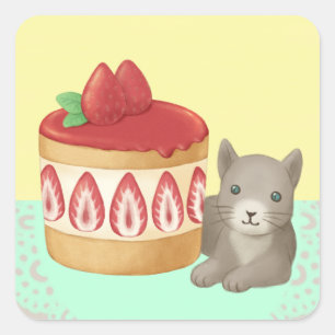 Cute Cat and Dessert Illustration Art Square Sticker