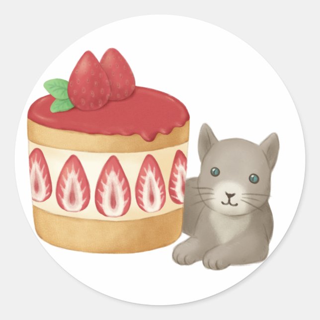 Cute Cat and Dessert Illustration Classic Round Sticker (Front)