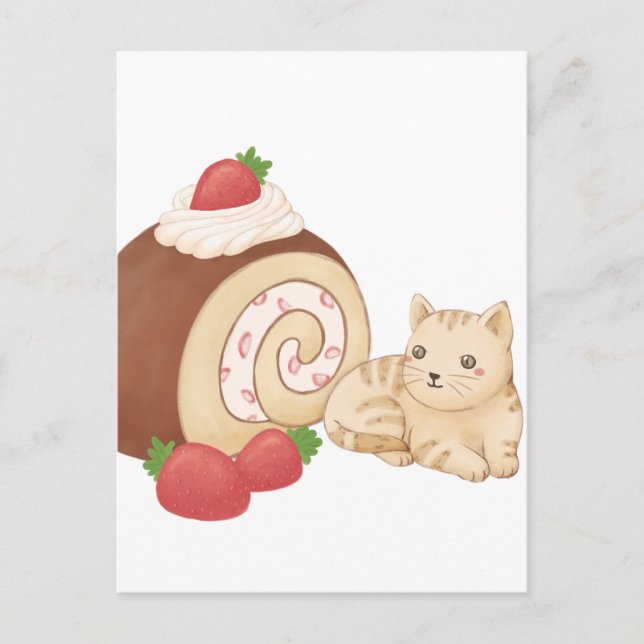 Cute Cat and Dessert Illustration Postcard (Front)