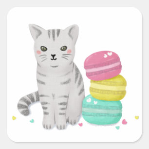Cute Cat and Dessert Illustration Square Sticker