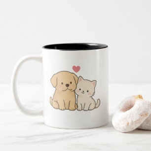 Cute Cat and Dog Best Friends Kawaii Puppy Kitten Two-Tone Coffee Mug