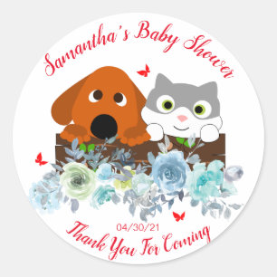 Cute Cat And Dog Blue Flowers Baby Shower Classic Round Sticker