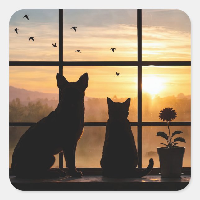 Cute Cat and Dog Flowerpot Window Square Sticker (Front)