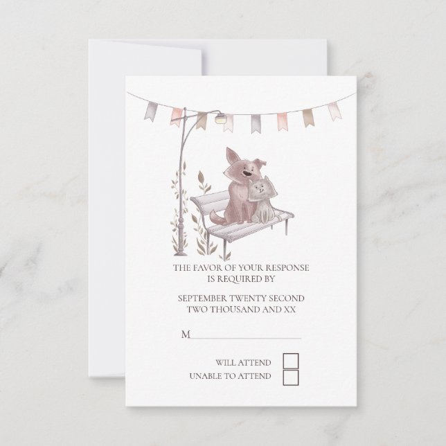 Cute Cat And Dog on Park Bench RSVP Wedding (Front)