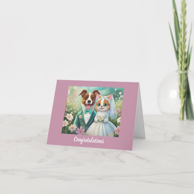 Cute Cat and Dog Wedding Congratulations Card (Front)