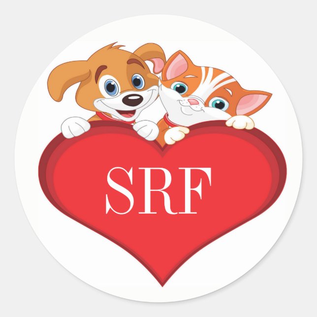 Cute Cat and Dog with Heart Classic Round Sticker (Front)