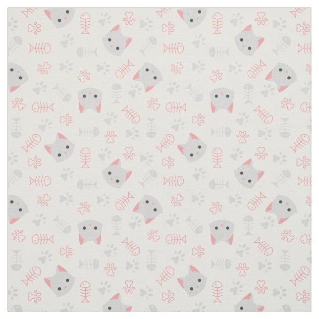 Cute Cat and Fish Bones Fabric (Swatch)