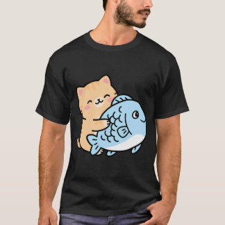 Cute Cat and Fish Cartoon T-Shirt