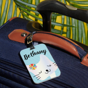 Cute Cat and Flowers Dotty Personalised Luggage Tag