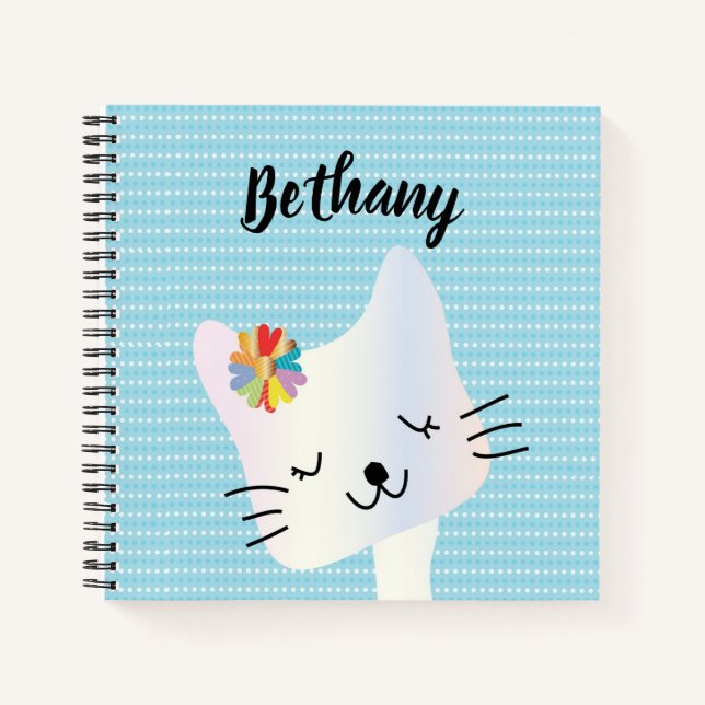 Cute Cat and Flowers Dotty Personalised Notebook (Front)