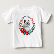 Cute Cat and Flowers Faux Embroidery Baby T-Shirt