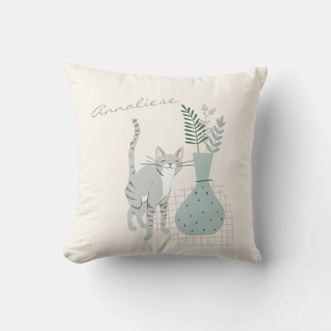 Cute Cat and Flowers Illustration Personalised Cushion (Front)