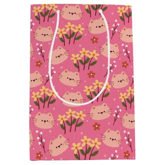 Cute Cat and Flowers Medium Gift Bag (Front)