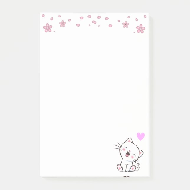 Cute Cat and Flowers on White Post-it Notes (Front)