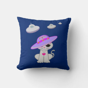 Cute Cat and Flying Saucers Cushion