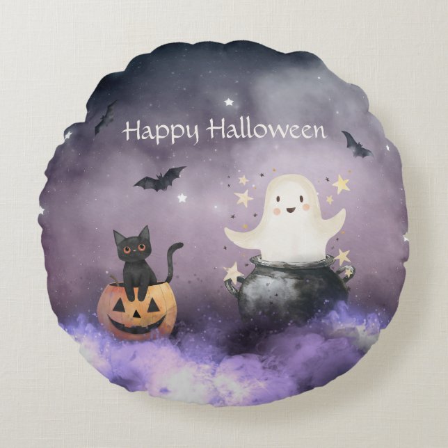 Cute Cat and Ghost Halloween Round Cushion (Front)