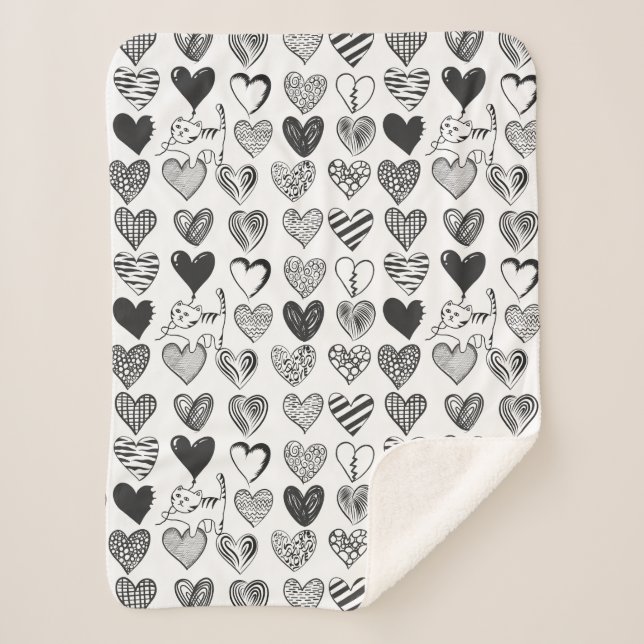Cute Cat and Heart Black and White Pattern Sherpa Blanket (Front)