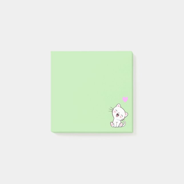 Cute Cat and Heart on Light Green Post-it Notes (Front)