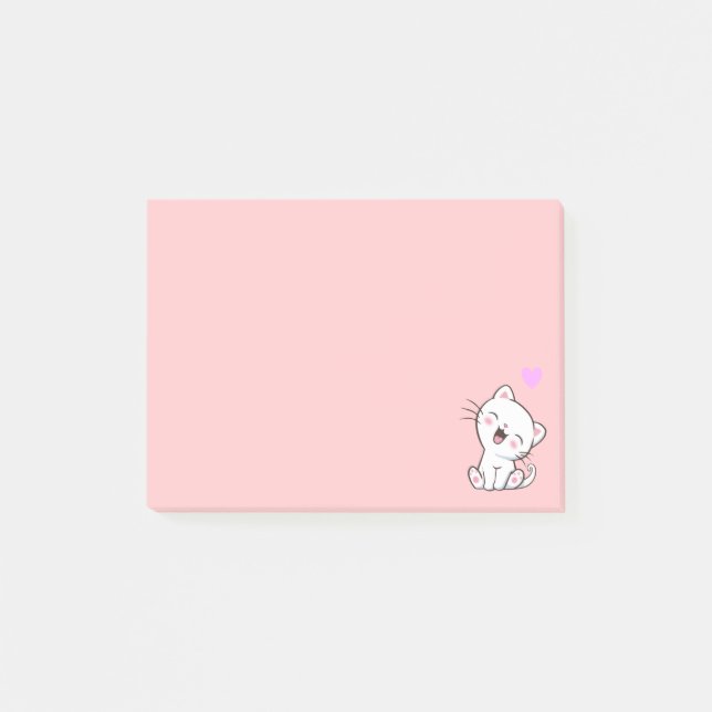 Cute Cat and Heart on Pink Post-it Notes (Front)