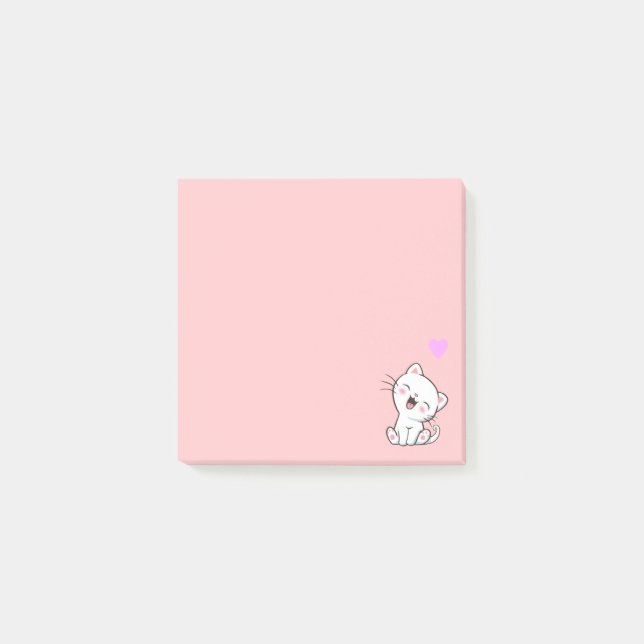 Cute Cat and Heart on Pink Post-it Notes (Front)