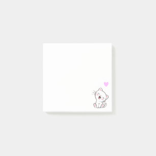 Cute Cat and Heart on White Post-it Notes