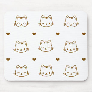 Cute Cat and Heart Pattern Brown on White Mouse Pad