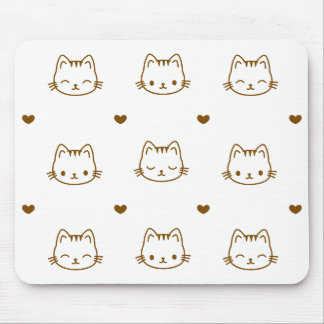 Cute Cat and Heart Pattern Brown on White Mouse Pad
