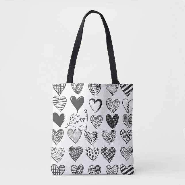 Cute Cat and Heart Pattern Illustration Tote Bag (Front)