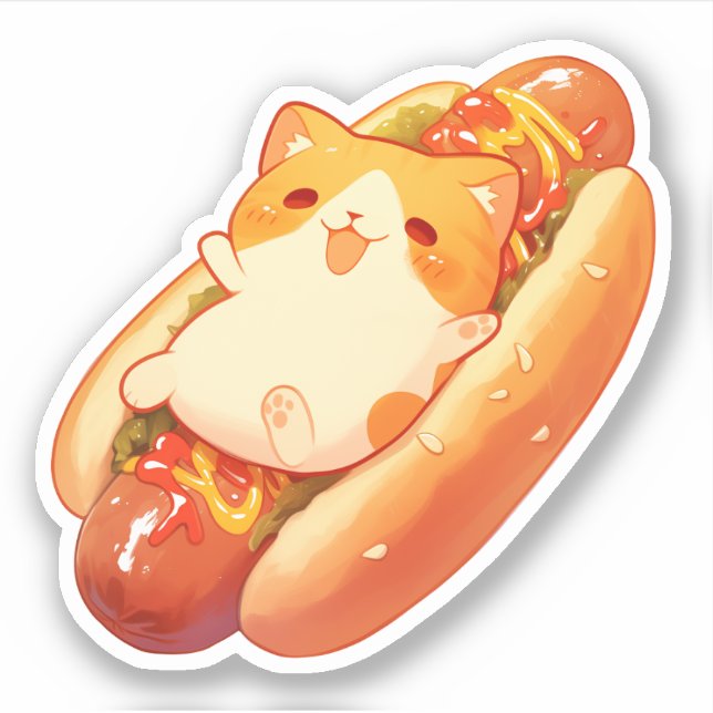 Cute Cat and Hotdog Sticker (Front)