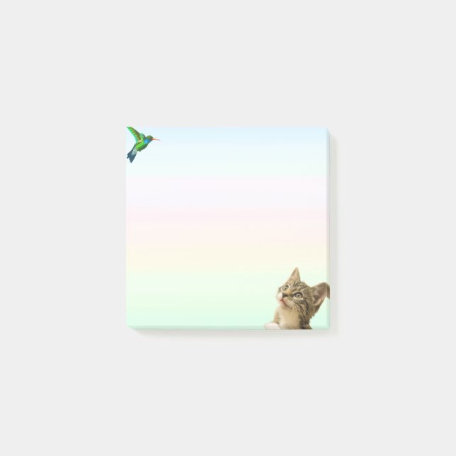 Cute Cat and Little Bird on Pastel Colour Post-it Notes (Front)
