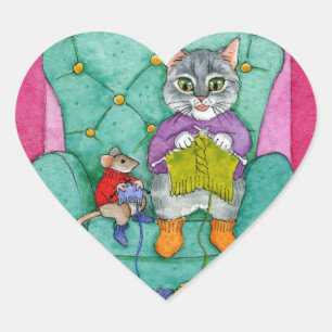 Cute cat and mouse love to knit stickers