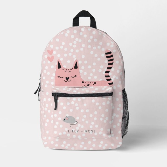 Cute Cat and Mouse - Pink & White Polkadots Kids Printed Backpack (Front)