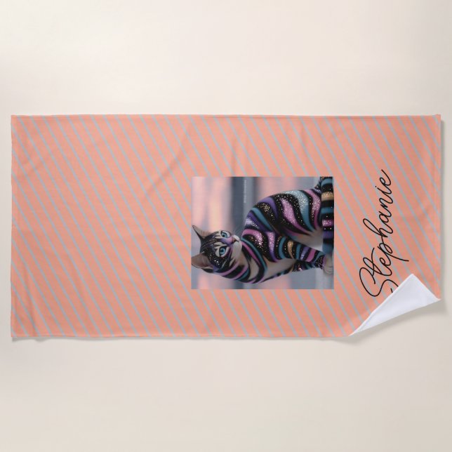 Cute Cat and Personalised Name Design Beach Towel (Front)