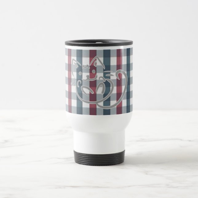 Cute Cat and Plaid Pattern Travel Mug (Center)
