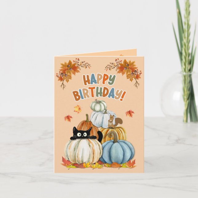 Cute Cat and Pumpkins Fall/Halloween Birthday Holiday Card (Front)