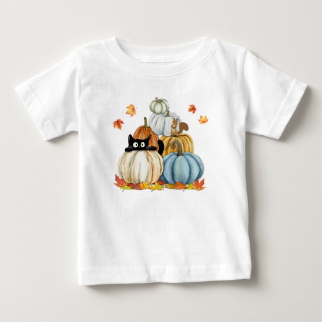 Cute Cat and Pumpkins Halloween and Thanksgiving Baby T-Shirt (Front)