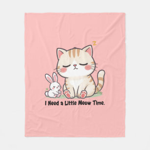 Cute Cat and Rabbit "I Need a Little Meow Time" Fleece Blanket