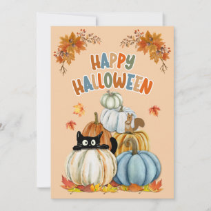Cute Cat and Retro Pumpkins Happy Halloween Card