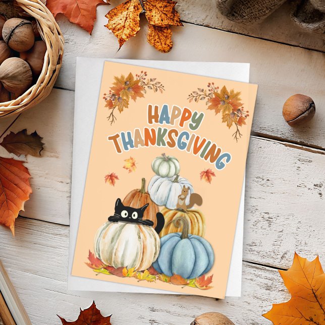 Cute Cat and Retro Pumpkins Happy Thanksgiving  Holiday Card (Creator Uploaded)