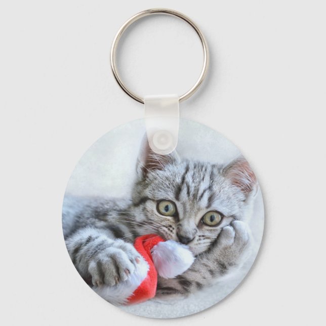 Cute Cat and Santa Claus Hat Key Ring (Front)