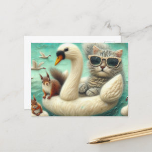 Cute Cat and Squirrels Woollen Swan Boat Postcard